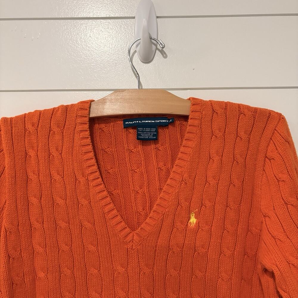 Ralph Lauren Sport | Sweater Orange Pullover V Neck Cableknit Preppy- Large - Picture 2 of 7